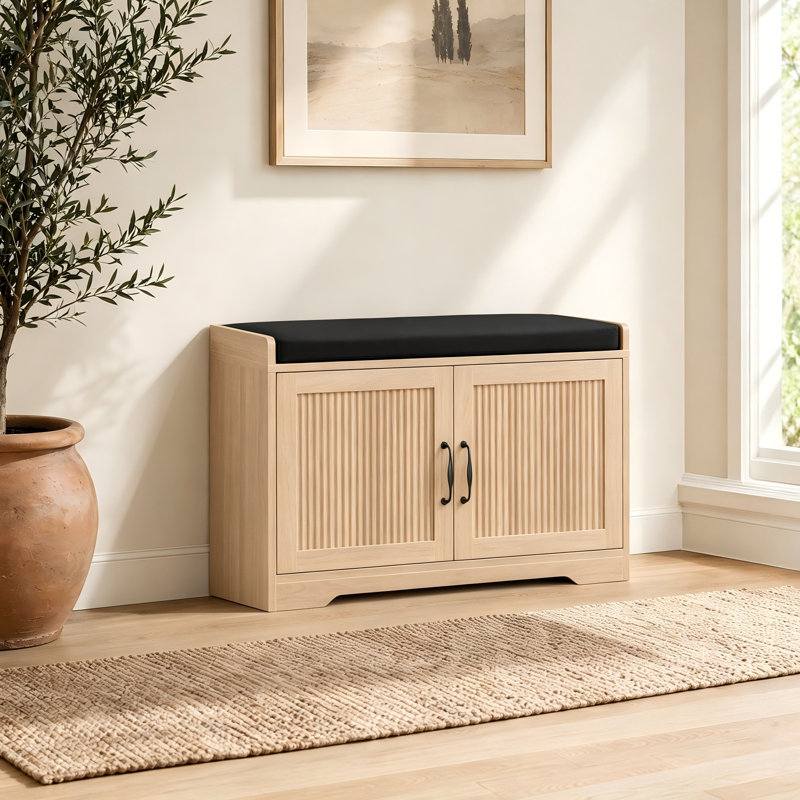 Banc de rangement pour chaussures pour hall d'entrée, avec armoire à double porte et revêtement de confort, pour entrée de hall d'entrée, naturel