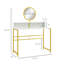 Bureau de maquillage moderne avec miroir, coiffeuse avec rangement ouvert, finition en faux marbre et structure en acier pour la chambre à coucher, blanc et doré