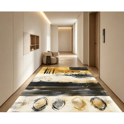 Tapis abstrait à motifs géométriques avec coups de pinceau dorés, noirs et blancs, orné de cercles. Tapis d'intérieur artistique, antidérapant et résistant, idéal pour le salon, la chambre à coucher, l'entrée, la cuisine ou un appartement.