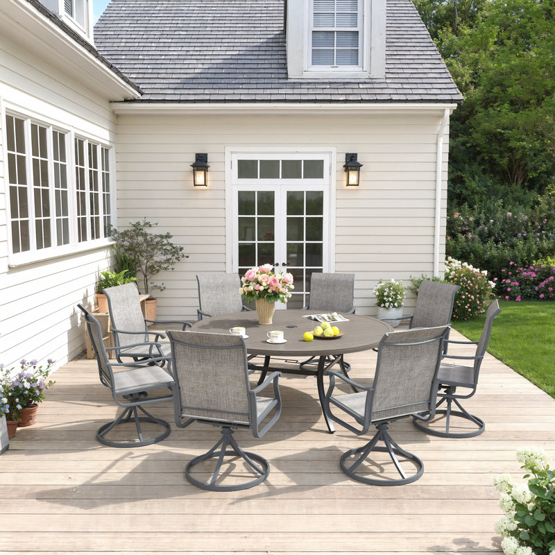 Bachus 8-Person Patio Dining Set with 60" Round Dining Table and 8 Swivel PVC-coated polyester Dining Chairs, Cream/Gray