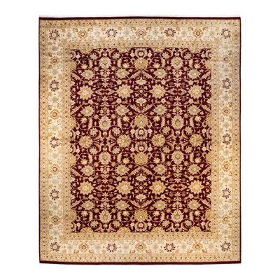 Tapis rouge noué à la main de conception unique 12 pi 2 po x 15 pi 3 po Depew