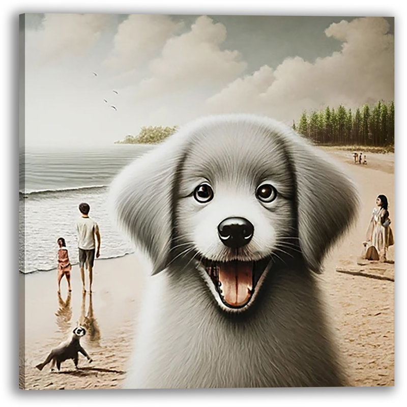 «Seaside Serenity - Playful Puppy Beach» sur toile, H 12 po x l 12 po x P 1 po