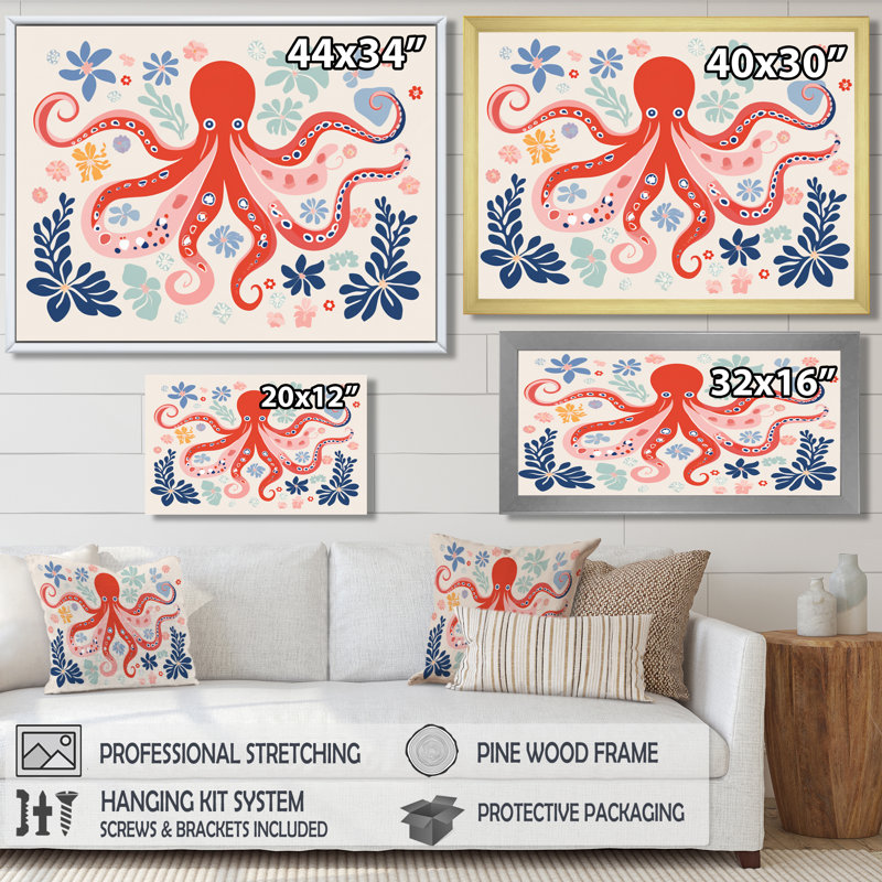 Illustration rétro de la pieuvre rouge océan profond - pieuvre / calmar, H 30 po x l 40 po, Toile flottante blanche encadrée