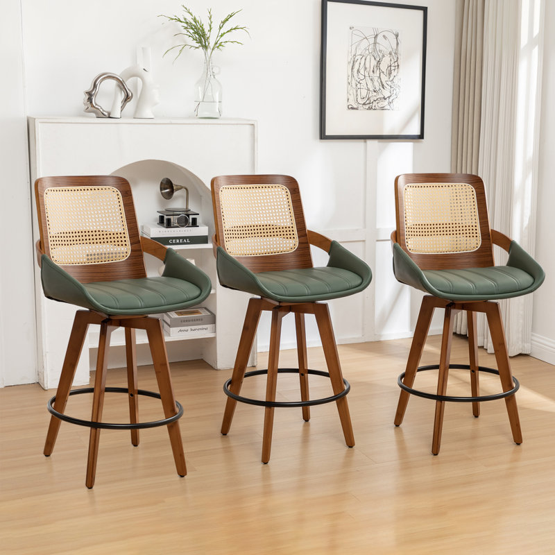 Darries Swivel 26" Counter Height Bar Stools With Cane Rattan Back (Set of 3), Green