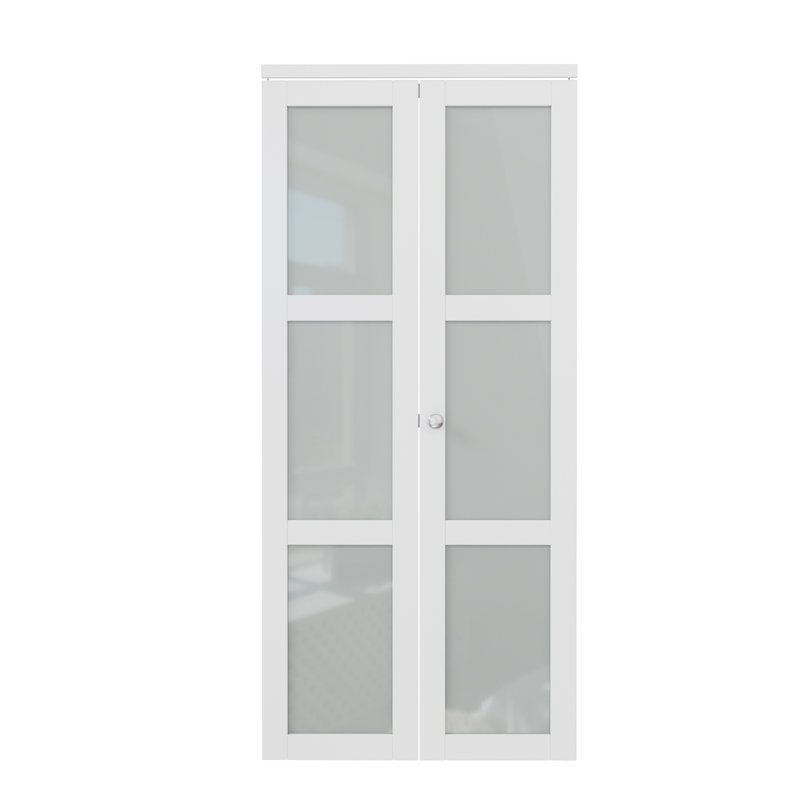 36 in. x 80 in. White Primed MDF Bi-Fold Door with Frosted Glass Panels