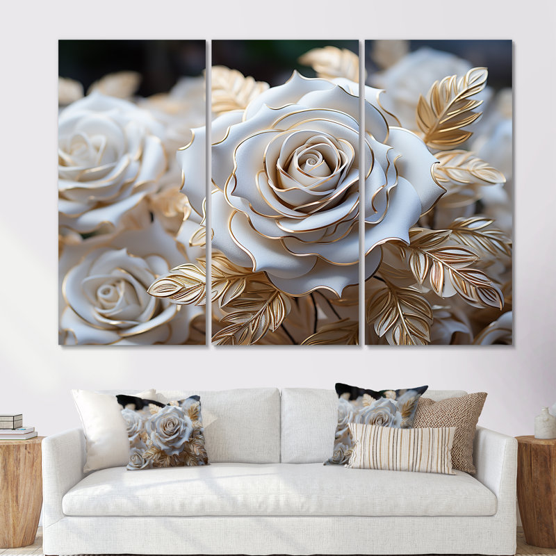 Ensemble de salon art mural blanc et or rose passion - roses, H 28 po x l 36 po x P 1 po, Toile tendue