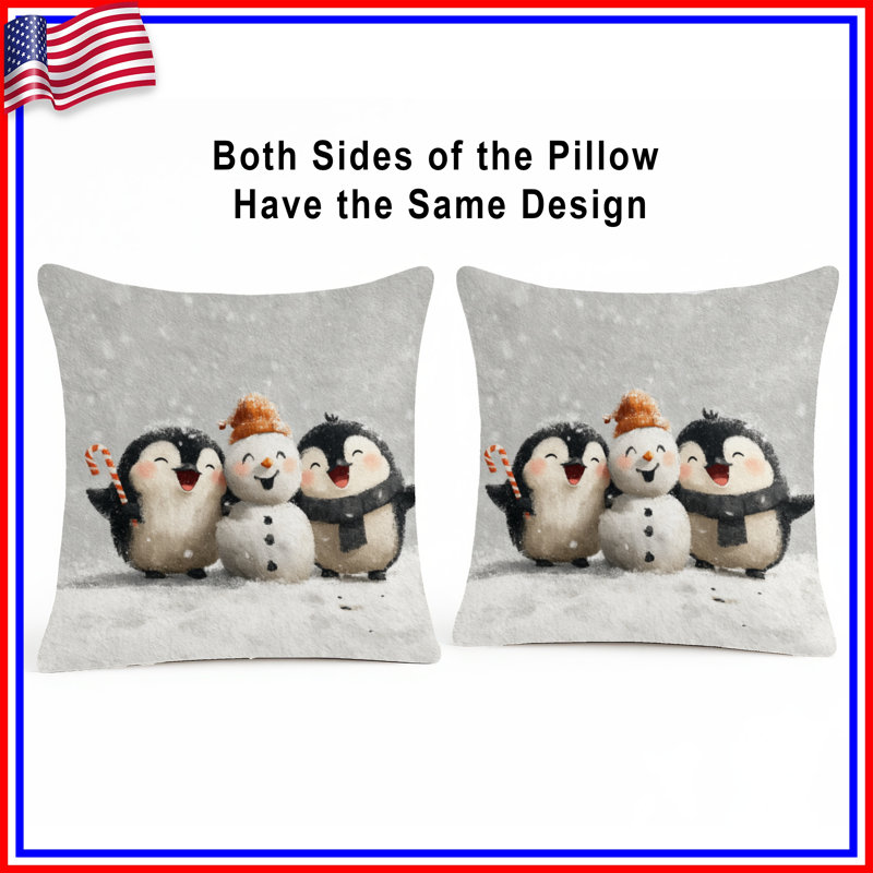 Coussins Penguins With Snowman, 16 po x 16 po