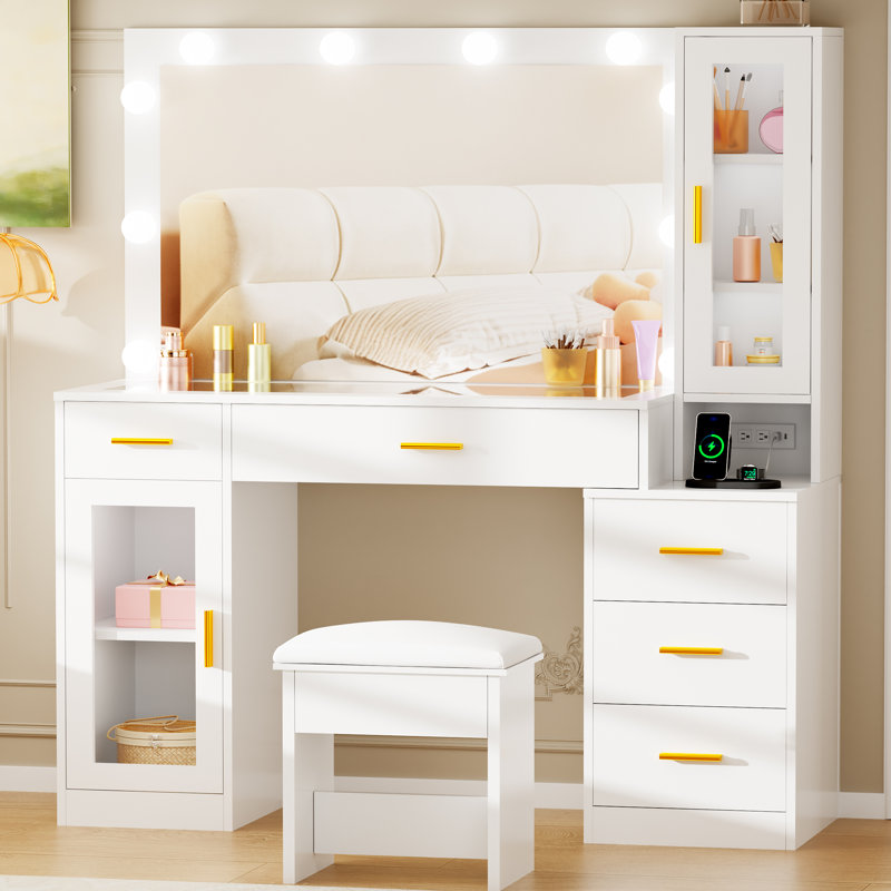 Ensemble de coiffeuse de maquillage 49,2 "avec tabouret, prise de courant USB et 3 modes de luminosité réglables Adriel