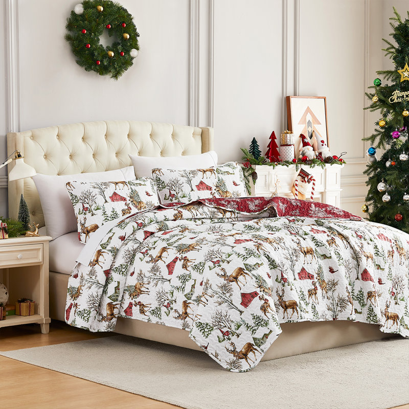 White and Red Reversible Christmas Twin Microfiber Quilt Set