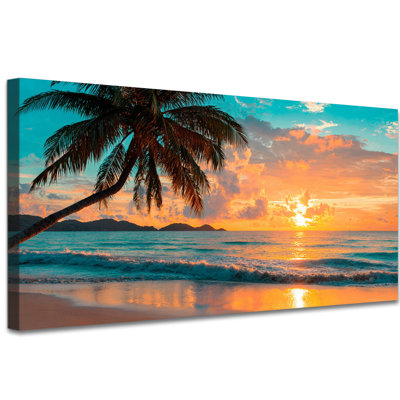 Plage, plage, art mural, coucher de soleil tropical, palmier, océan, paysage, impressions sur toile pour salon, chambre, bureau, bord de mer, décoration murale, prêt à accrocher
