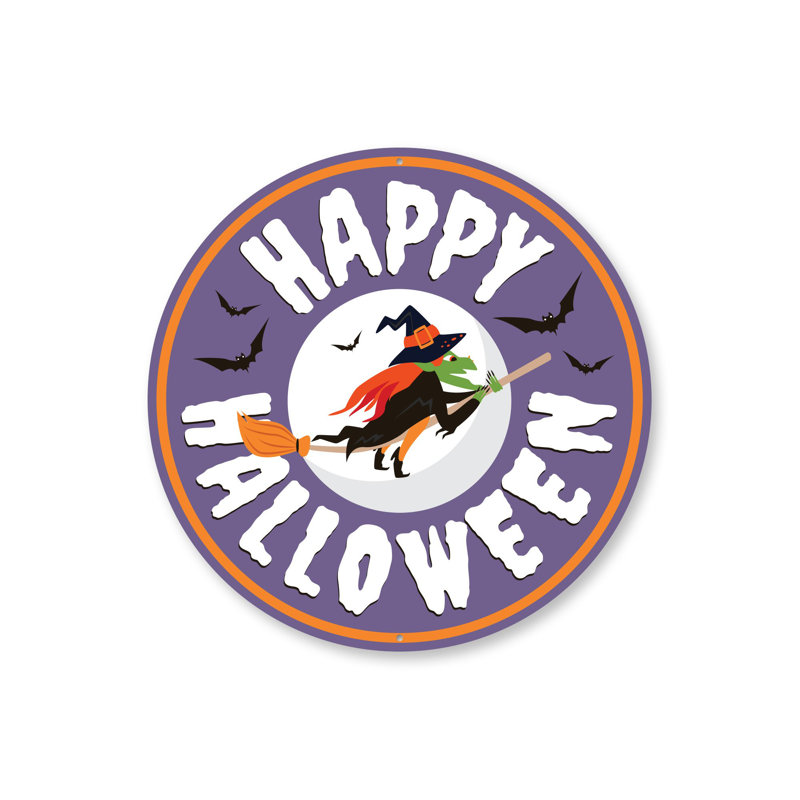Signe d'Halloween en aluminium «Happy Halloween Witch», H 12 po x l 12 po x P 0,04 po