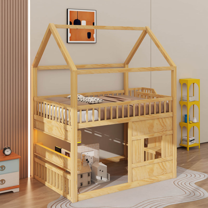Full Size Residential Loft Bed With Built-In LED Shelf Illumination & Open Storage, Wooden Playhouse Loft Bed Complete With Roof And Window