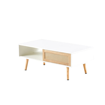 41.34" Rattan Coffee Table, Sliding Door For Storage, Solid Wood Legs, Modern Table  For Living Room ,White