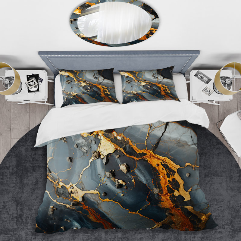Ensemble de housse de couette à motif abstrait gris et or gris marbre II, Housse de couette simple + 1 taie décorative stan