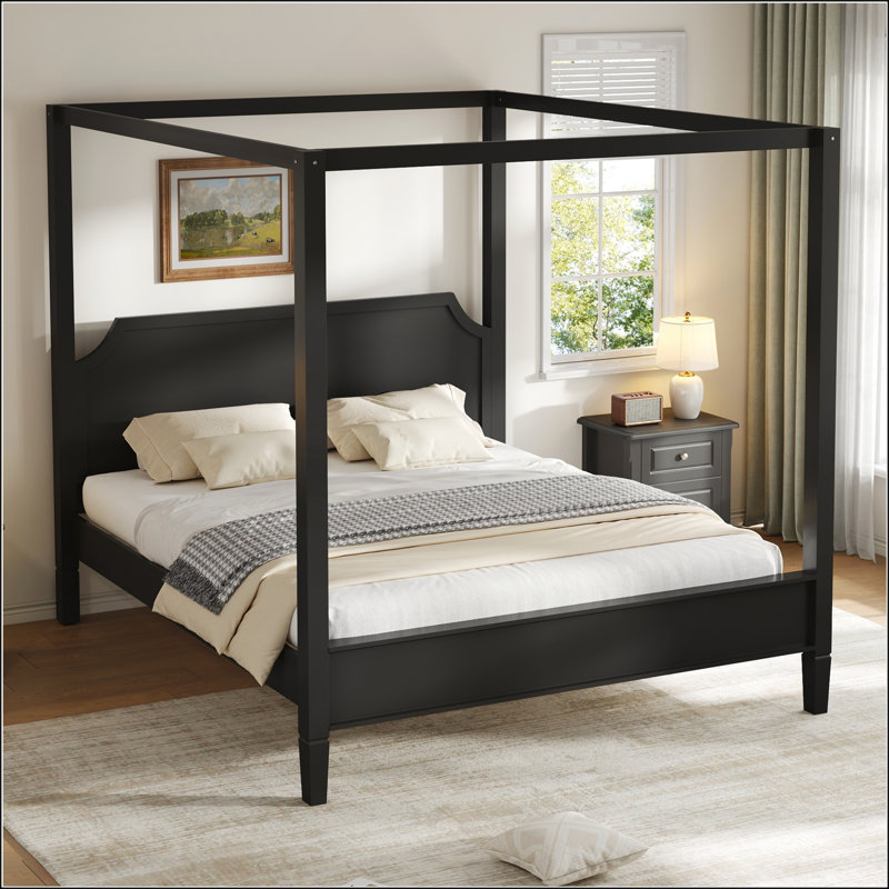 Grand lit plateforme à baldaquin en bois avec tête de lit et pieds de soutien, noir, durable et élégant pour les chambres modernes