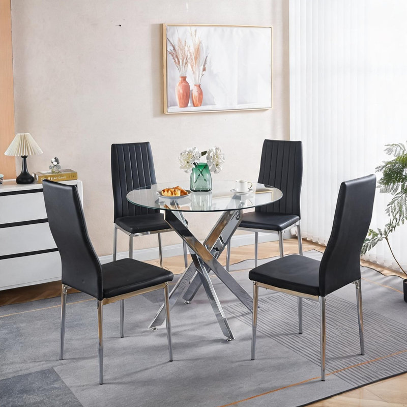 Ensemble de salle à manger rond en verre avec base à piédestal en métal pour 4 personnes, noir et argent élégant, table de cuisine moderne et chaises