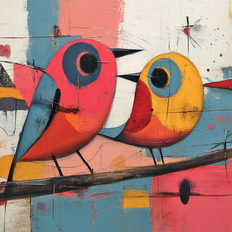 Duo d'oiseaux joyeux aux couleurs vives, H 16 po x l 24 po