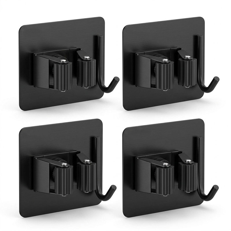 Stainless Steel Wall Mount Mop & Broom Holder with Hooks, 4-Pack