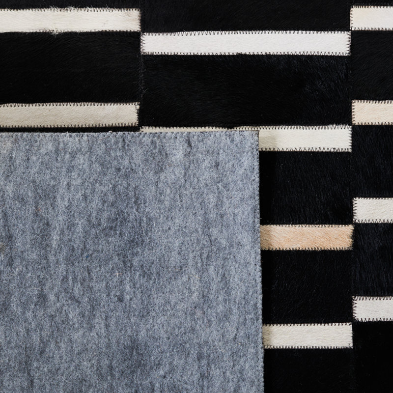 Tapis rayé en cuir fait à la main noir / beige Speaks, Rectangle 8 pi x 10 pi