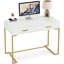 Bureau d'ordinateur 40 po blanc et doré avec 2 tiroirs, bureau à domicile moderne, table d'écriture compacte, meuble-lavabo pour chambre à coucher