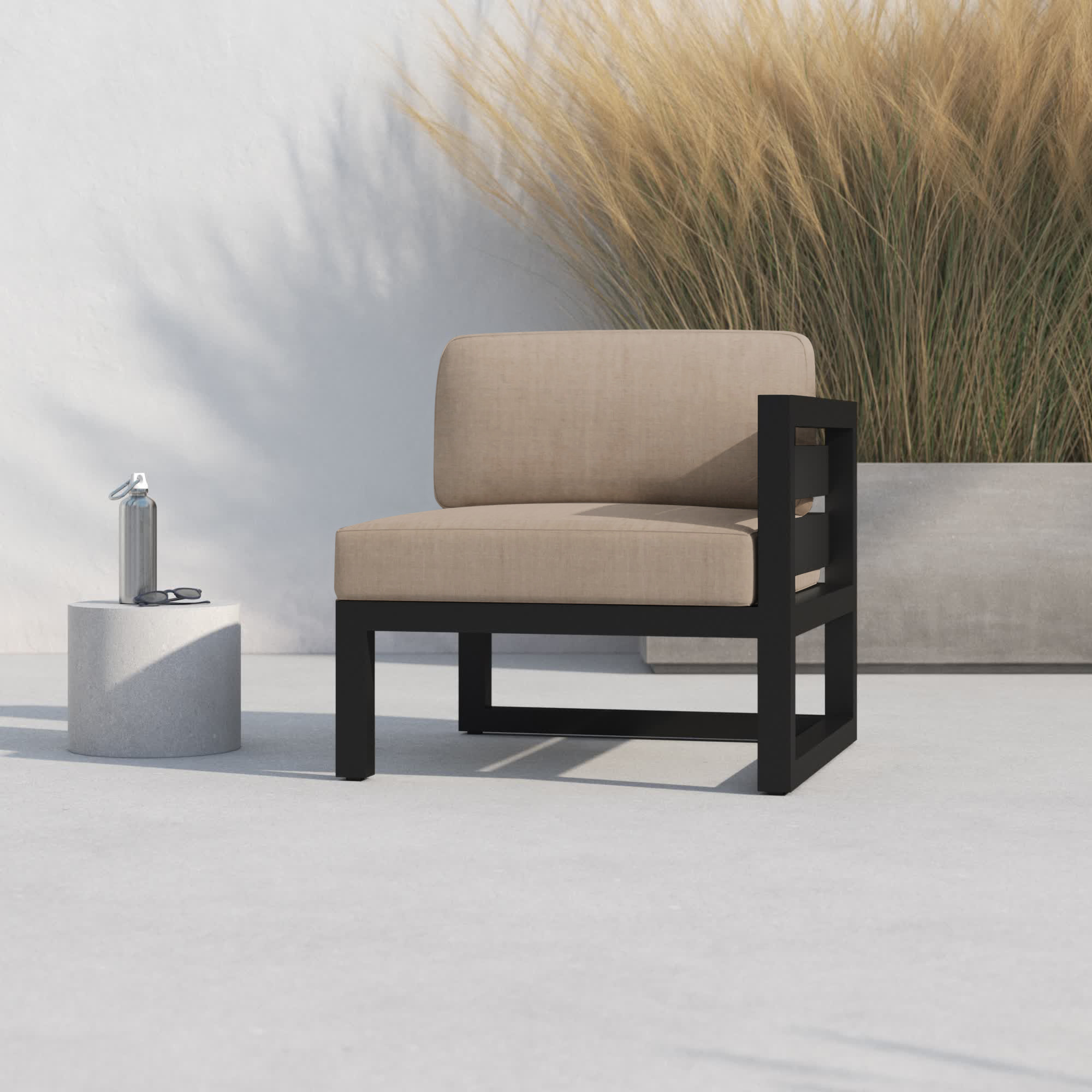 Smith Outdoor One Arm Lounge Chair with Sunbrella Cushions, Heather Beige, Black