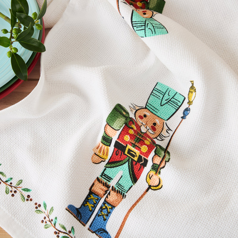Ensemble de 2 serviettes de cuisine FIESTA Guardian Nutcracker Holiday Holly Sprig, blanc / rouge / vert, 16 po x 28 po