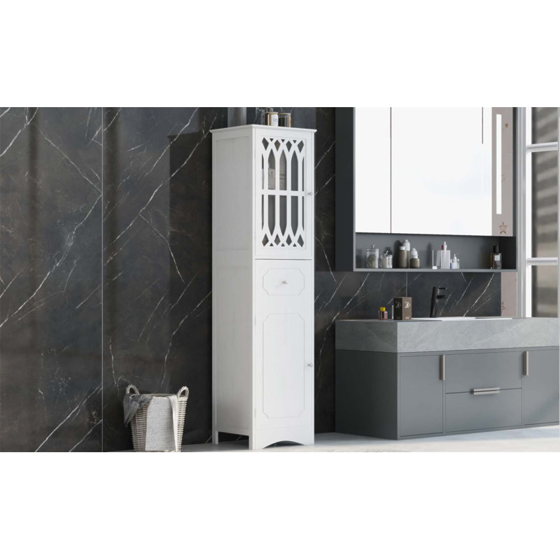Grande armoire de salle de bain autoportante avec tiroir et portes en acrylique, tablette réglable pour un grand espace de rangement