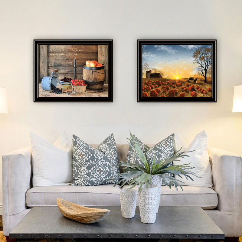 Home Decor Wall Art, 2 Autumn Sunrise, encadré noir, salon chambre à coucher, multicolore, papier de bois, lever de soleil 17,54 x 14,22