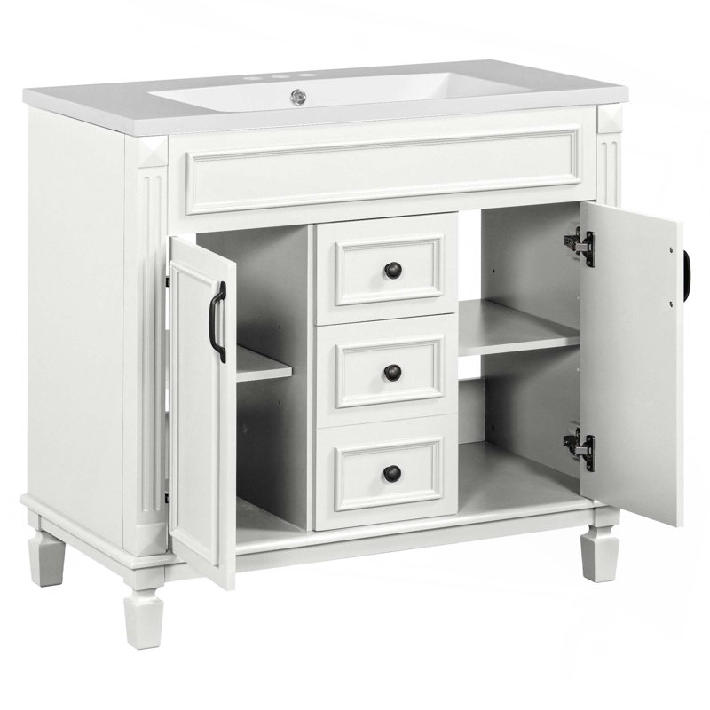 Meuble-lavabo contemporain avec lavabo supérieur, 2 portes à fermeture douce et 2 tiroirs, Blanc