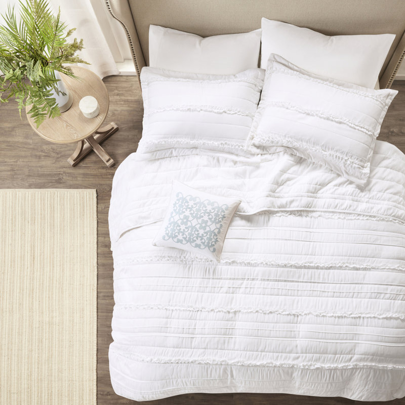 4 pièces de courtepointe en microfibre à volants avec coussin décoratif - très grand / très grand, très grand réversible blanc et confortable, 10% d'autres fibres