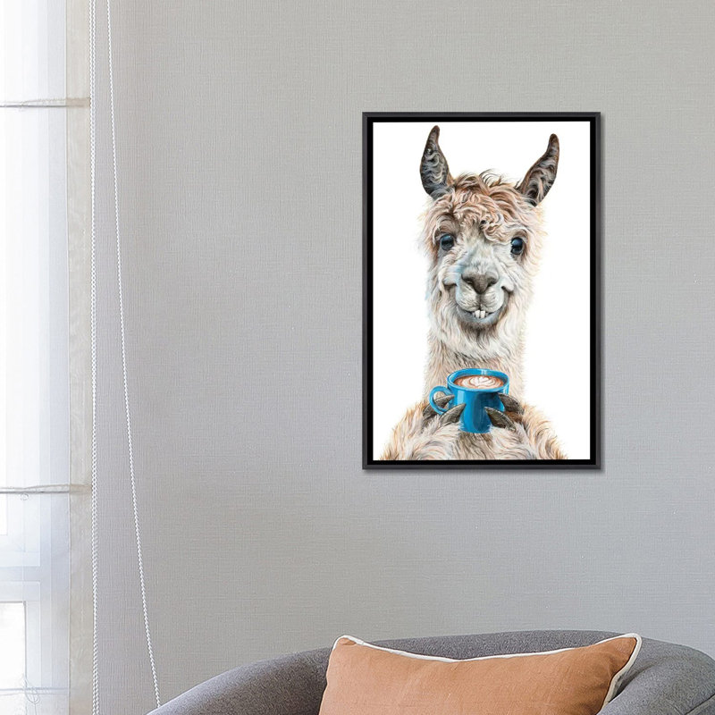 «Llama Latte» par Holly Surant - reproduction d'art, H 26 po x l 18 po x 1,5 po, Toile avec cadre noir patiné, Pas de tapis