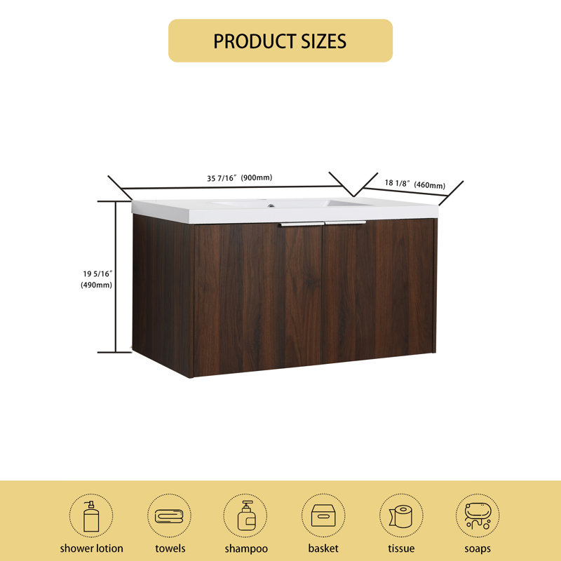 Ensemble de meuble-lavabo simple 35,44 po avec plateau en résine Argyl, Brun
