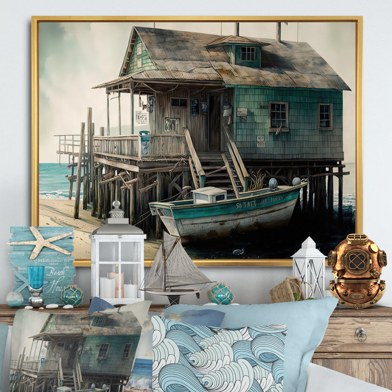 Port rustique avec un bateau de pêche I - art mural côtier, H 30 po x l 40 po x P 1,5 po, Cadre flottant doré