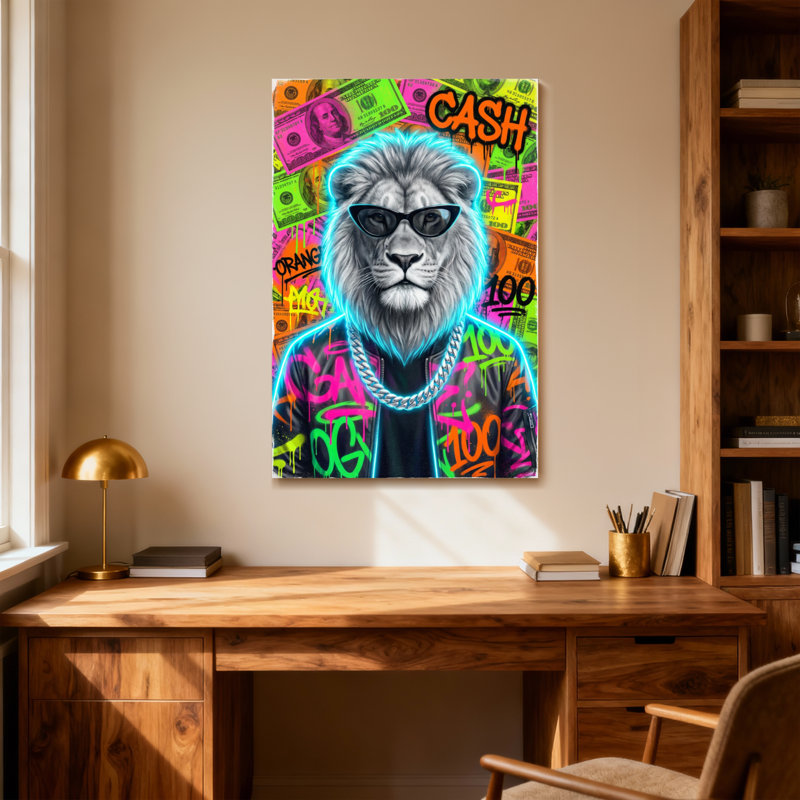 Animaux, lion avec lunettes de soleil et fond d'argent, H 40 po x l 28 po
