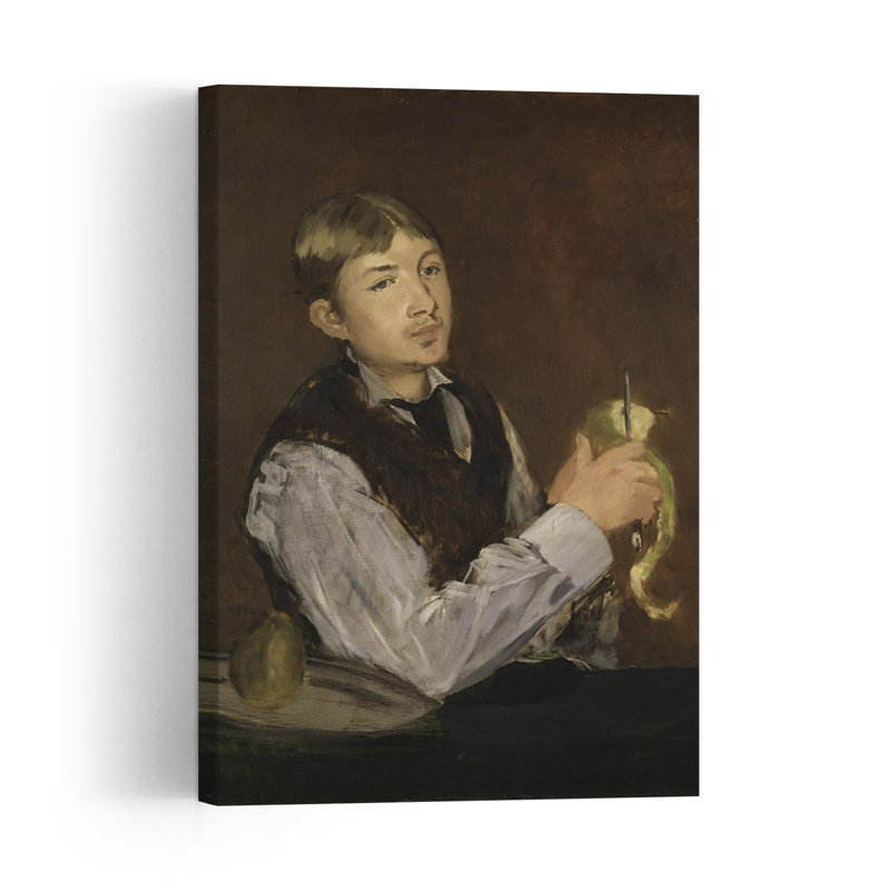 Jeune garçon épluchant une poire, vers 1867. Estampe d'art mural abstraite contemporaine représentant un fruit.