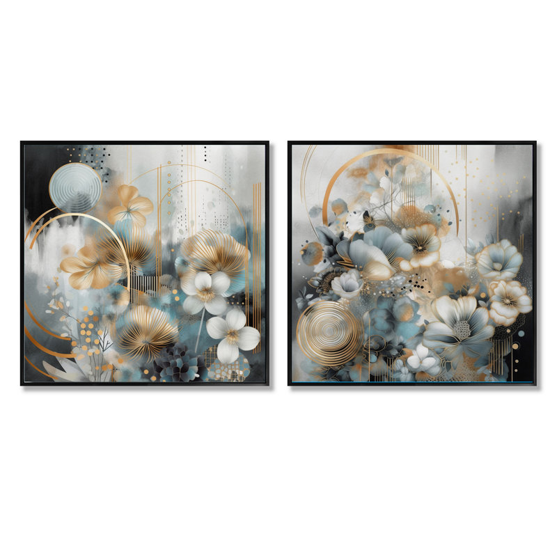 Golden Blue Silky Flower Design - Ensemble de 2 collages floraux carrés, Cadre flottant noir, H 16 po x l 33 po