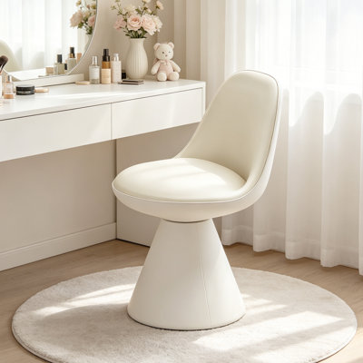 Chaise de coiffeuse pivotante à 360° en similicuir beige, dossier mi-haut, sans roulettes, idéale pour la chambre ou le salon.