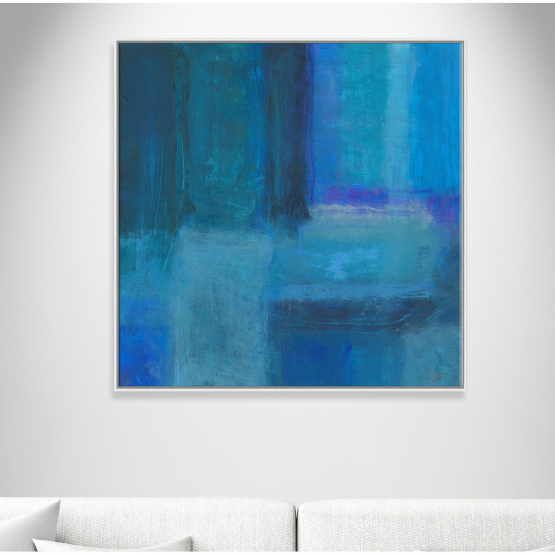 « messes de bleu » et « blue-float », peinture sur toile, H 16 po x l 16 po x P 2 po, Cadre blanc