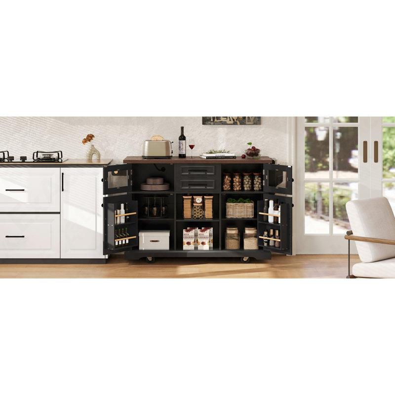54.9" Kitchen Island With Drop Leaf, Power Outlet, Kitchen Storage Cart With 4 Door Shelves, Cross Barn Doors & Visual Glass Door, Rolling Kitchen Island On 4 Wheels For Kitchen, Dining Room,Black