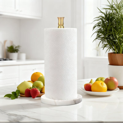 Freestanding Paper Towel Holder With Heavy Marble Base For One-Handed Tearing, Non-Tip Design With Rust-Proof Stainless Steel Rod For Countertop Use