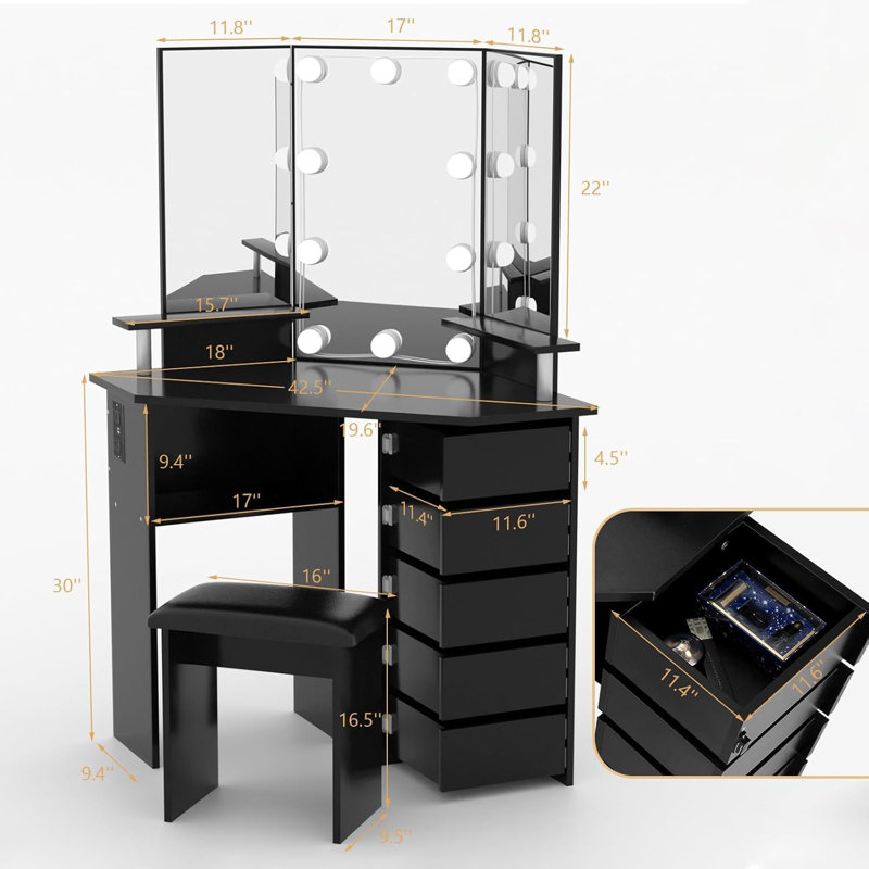 Coiffeuse de maquillage avec lumières DEL et prise de courant, coiffeuse d'angle avec 5 tiroirs rotatifs et 3 modes d'éclairage pour la chambre à coucher