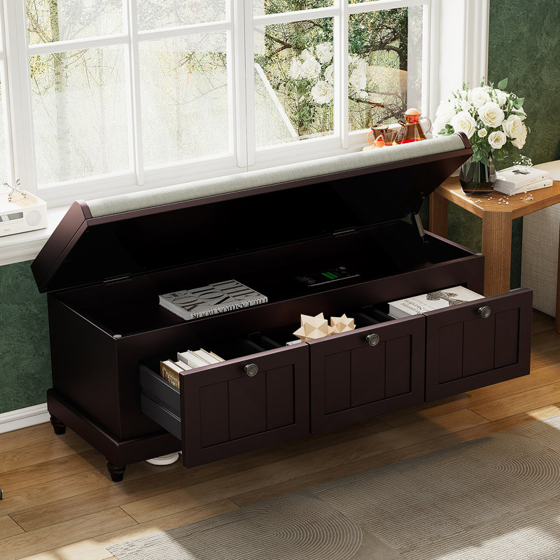 Classic Storage Bench With Cushioned Seat And Three Drawers For Entryway And Living Room, Espresso