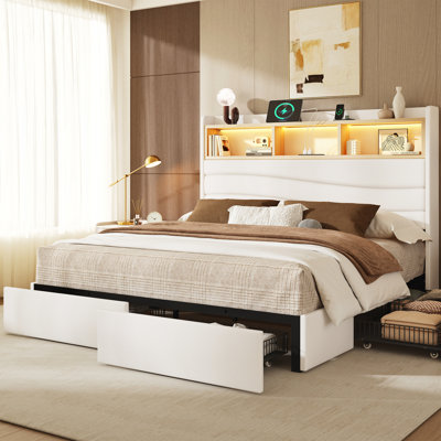 Queen Bed With 6 Storage Drawers & Headboard, Upholstered Bed Frame With Charging Station & Led Light, White