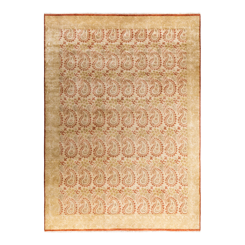 Tapis noué à la main de conception unique Ikat - beige, 9 pi 0 po x 12 pi 3 po