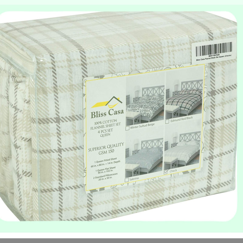 CozyDreams 100% Cotton Flannel Sheet Set, High GSM, Deep Pockets, Warm & Breathable Bedding Set with 1 Flat Sheet, 1 Fitted Sheet, 2 Pillowcases - Checkered Pattern