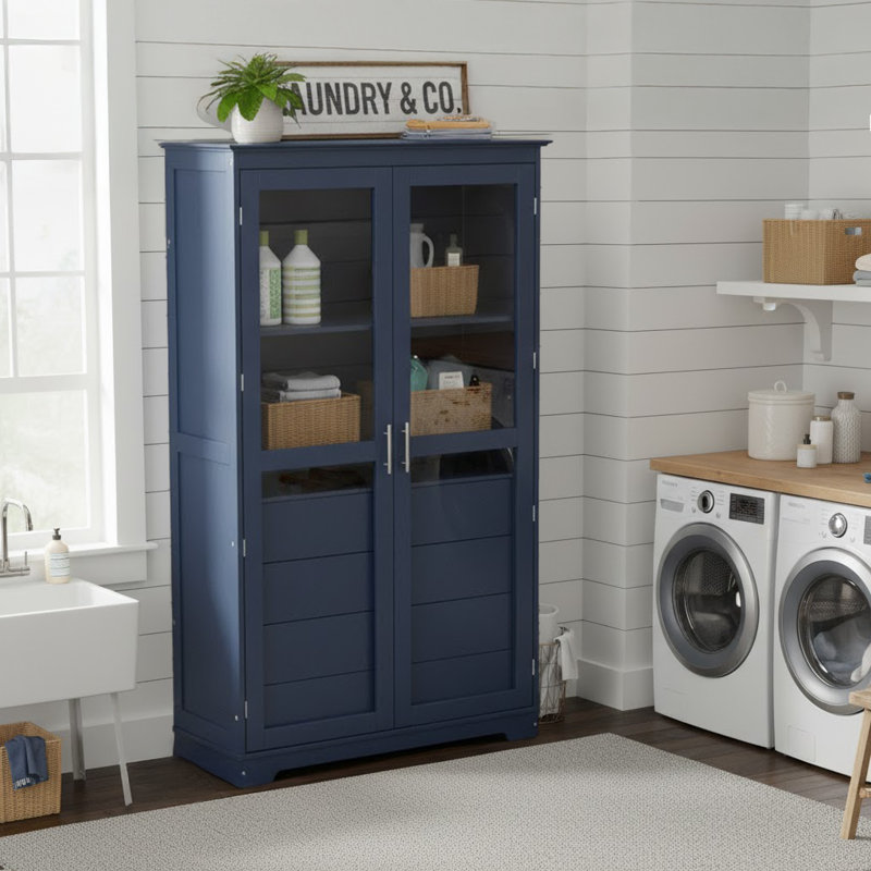 Armoire de rangement de garage autoportante 44,7 po avec portes en verre, 4 tiroirs intégrés et tablettes profondes de 20 po - Organisateur utilitaire en bois de pin massif