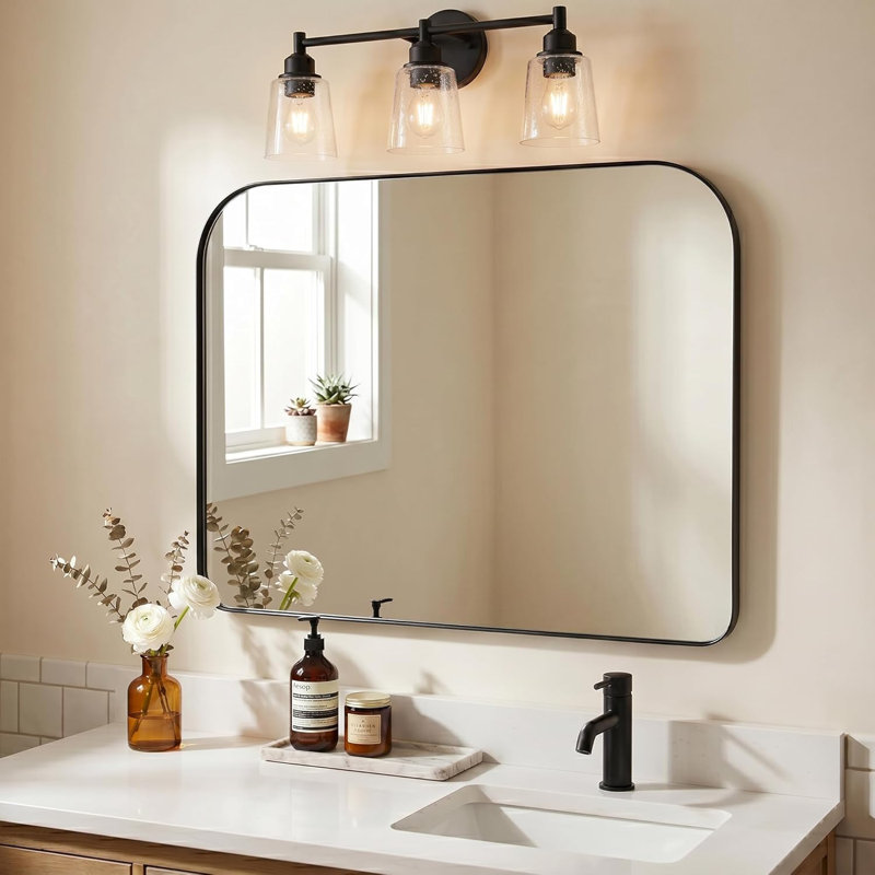 Miroir de salle de bain rectangulaire à large arche | Cadre en acier inoxydable, Noir mat, 30 po x 36 po 