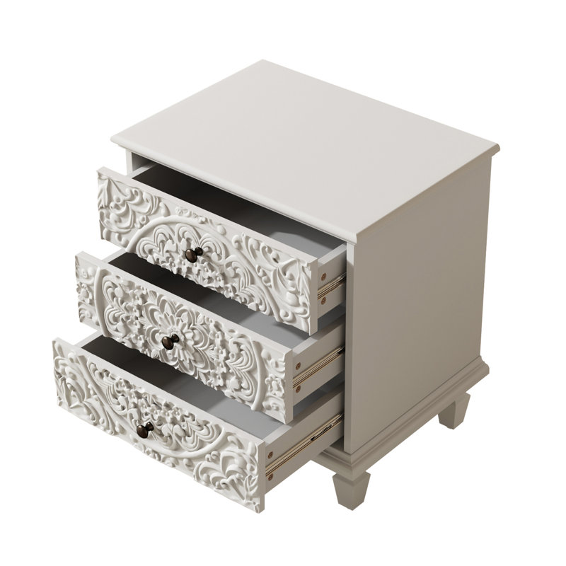 Table de chevet florale à 3 tiroirs l 20 po, Blanc