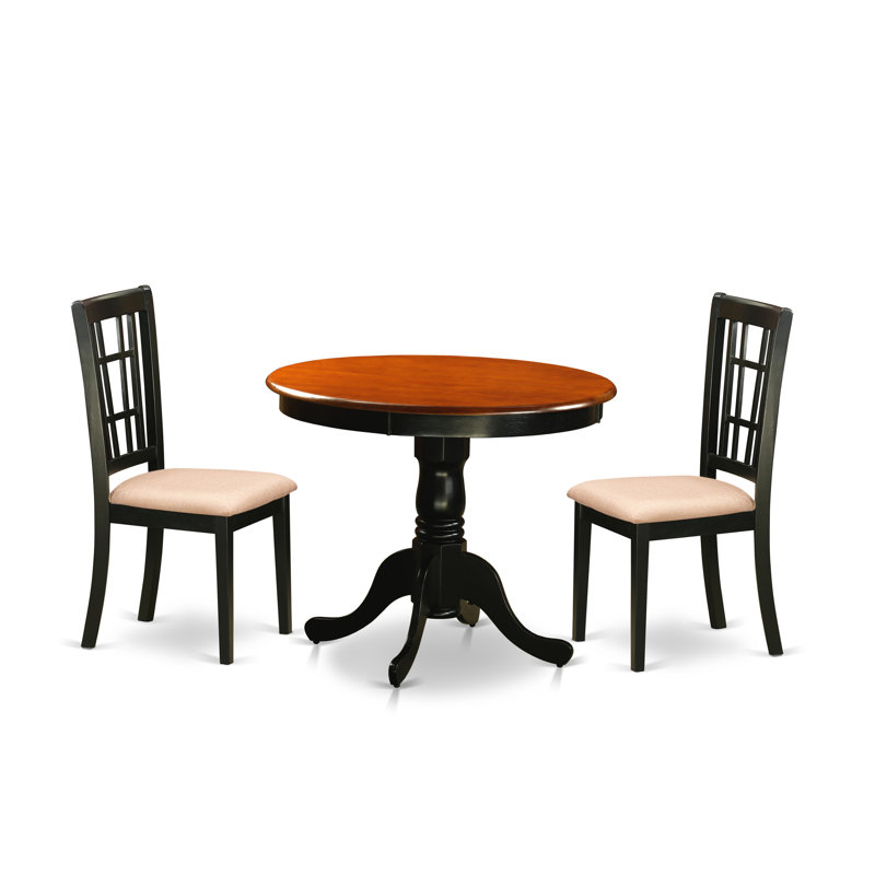 3 Piece Dining Table Set for Small Spaces Contains a Round Kitchen Table with Pedestal and 2 Linen Fabric Upholstered Chairs, 36x36 Inch, Black & Cherry