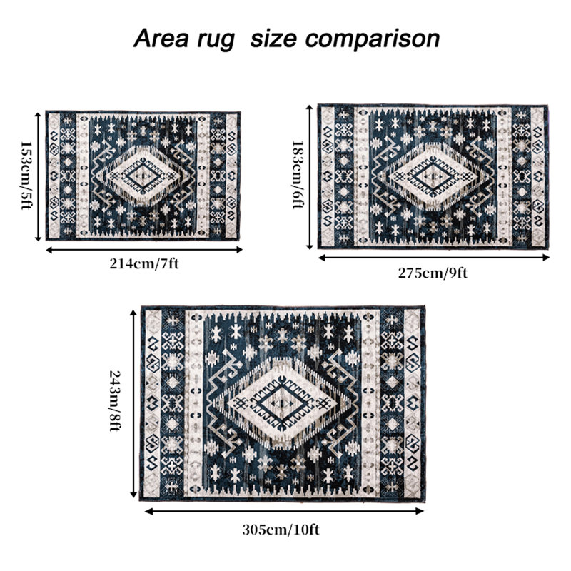 Area Rug 8X10 Vintage Style - Washable And Non-Slip For Kitchen, Living Room Geometric Black Design Room, Kitchen Blue/Black